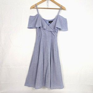 Lulus Size M Blue White Striped Yacht Rock Off  Shoulder Midi Dress Pockets
